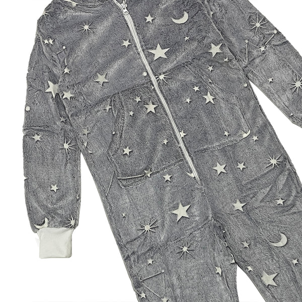 Γυναικεία ολόσωμη πιτζάμα χειμερινή fleece με αστεράκια Γκρι US-00978