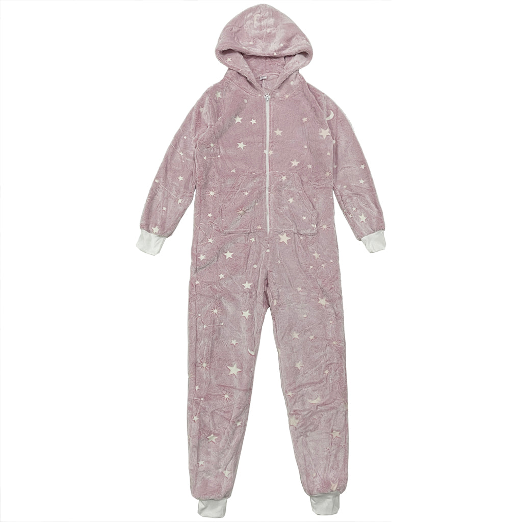 Ustyle Παιδική ολόσωμη πιτζάμα χειμερινή fleece με αστεράκια και φεγγάρια μπου φέγγουν Ροζ US-00958