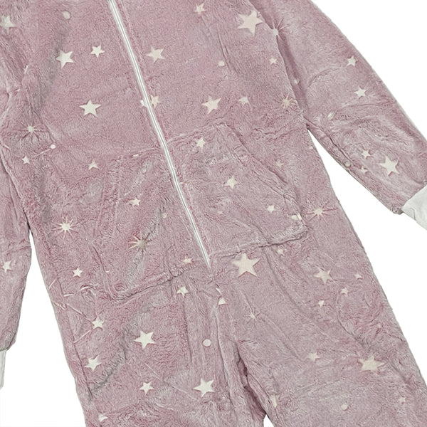 Παιδική ολόσωμη πιτζάμα χειμερινή fleece με αστεράκια και φεγγάρια μπου φέγγουν Ροζ US-00958